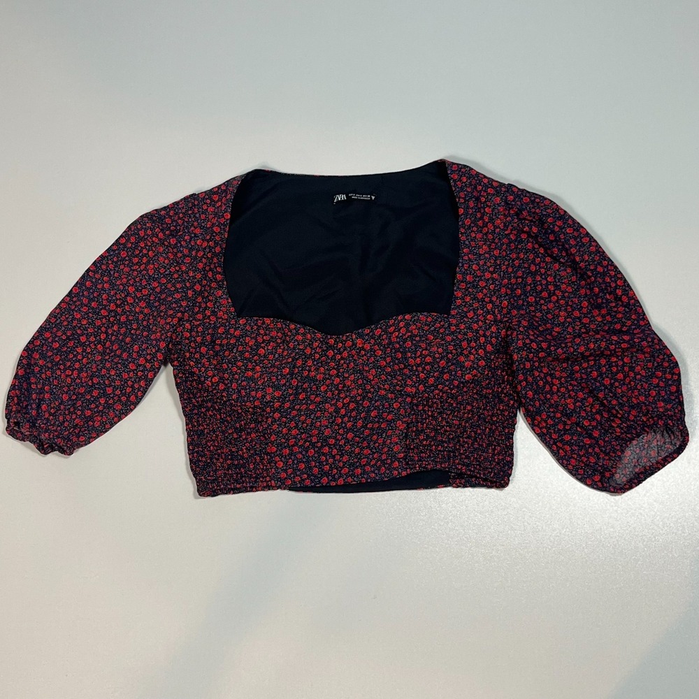 Zara Floral Poplin Crop Top Size S Smocked Puff Sleeve Sweetheart Boho Blouse - Picture 2 of 7